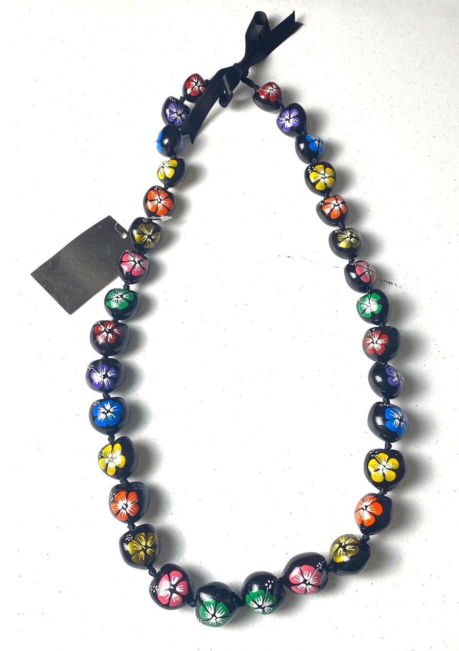 Hawaiian Kukiu Nut Lei Black Multicolored Painted Hibiscus Ribbon Tie Necklace